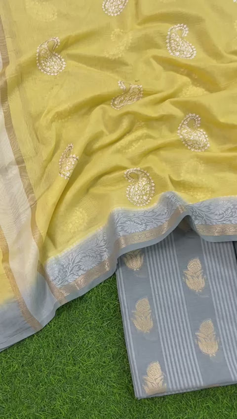 Banarasi Chanderi Salwar Suit With Contrast Dupatta | Grey |