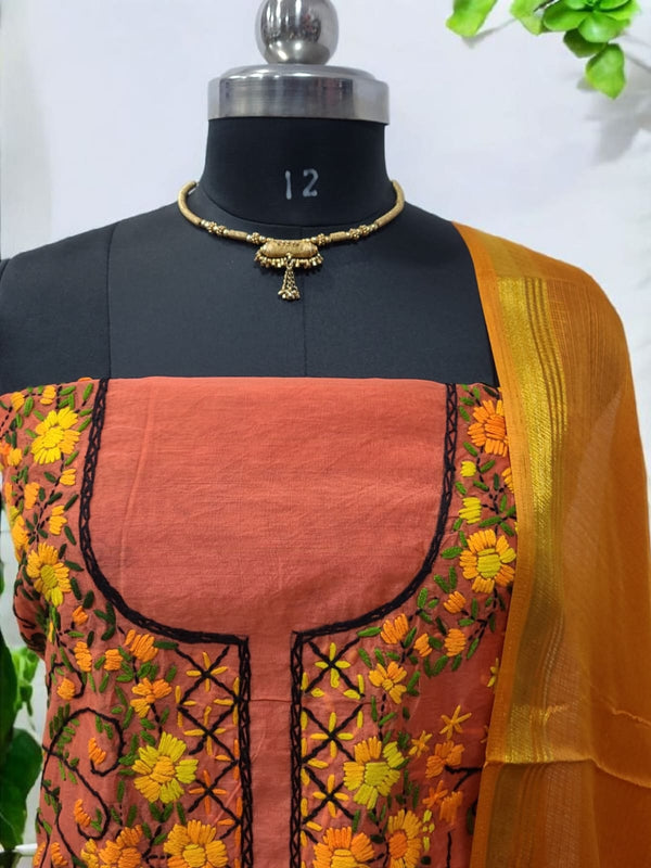 Punjabi Phulkari Cotton 2 pc Salwar Suit with Kota Doria Dupatta - Leheriya