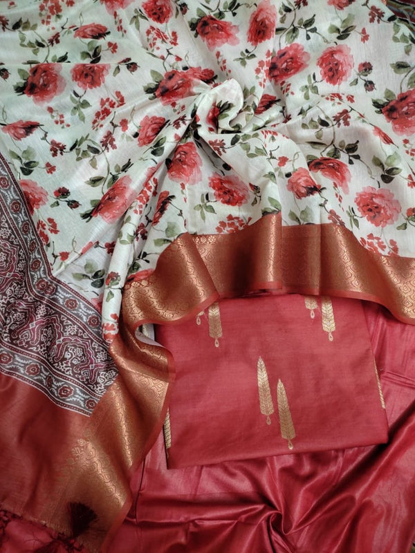 Pure Banarasi Chanderi Zari Booti Weaved Suit With Chanderi Silk Digital Print Dupatta - Leheriya