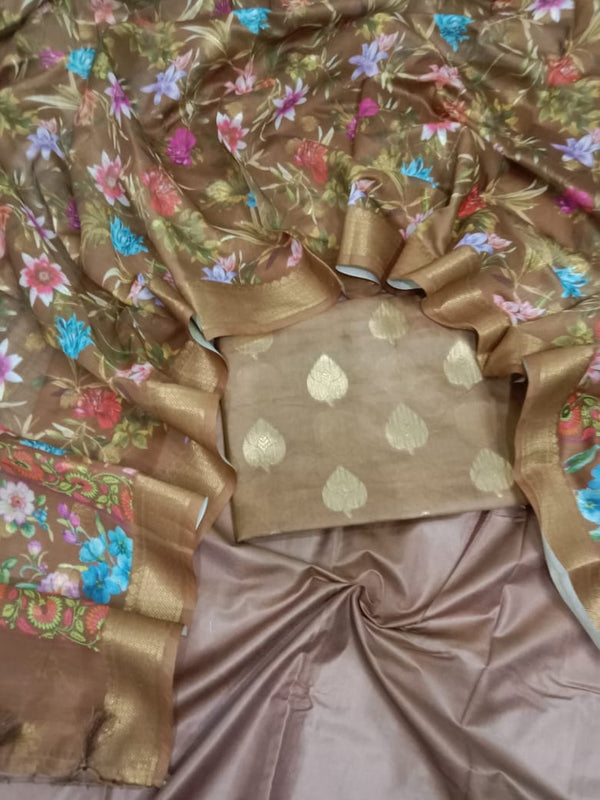 Pure Banarasi Chanderi Zari Booti Weaved Suit With Chanderi Silk Digital Print Dupatta - Leheriya