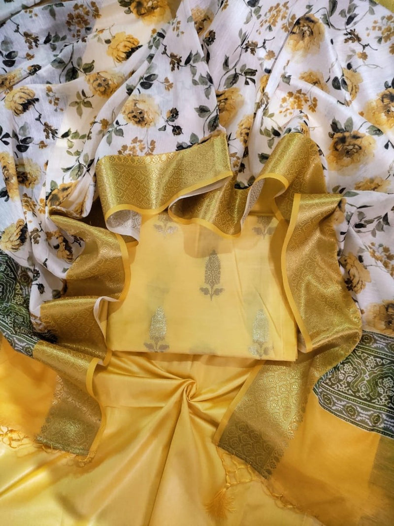 Pure Banarasi Chanderi Zari Booti Weaved Suit With Chanderi Silk Digital Print Dupatta - Leheriya