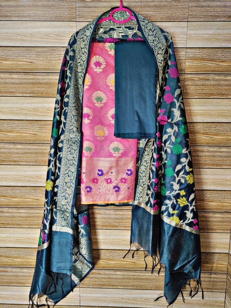Pure Banarasi Cotton Silk Alfi Unstitched Salwar Suit - Leheriya