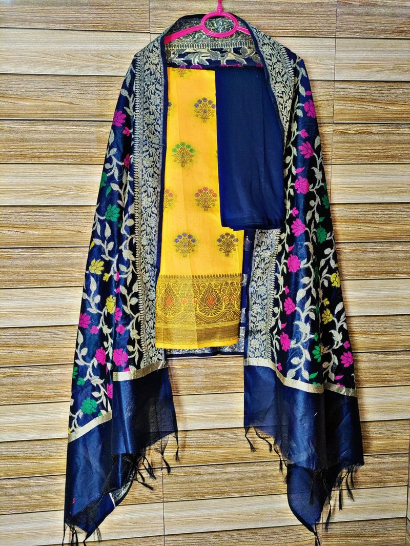 Pure Banarasi Cotton Silk Alfi Unstitched Salwar Suit - Leheriya