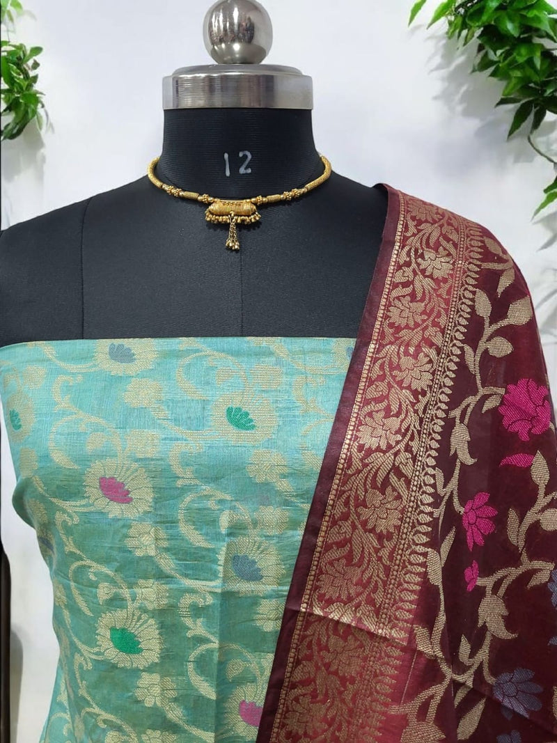 Pure Banarasi Cotton Silk Alfi Unstitched Salwar Suit - Leheriya