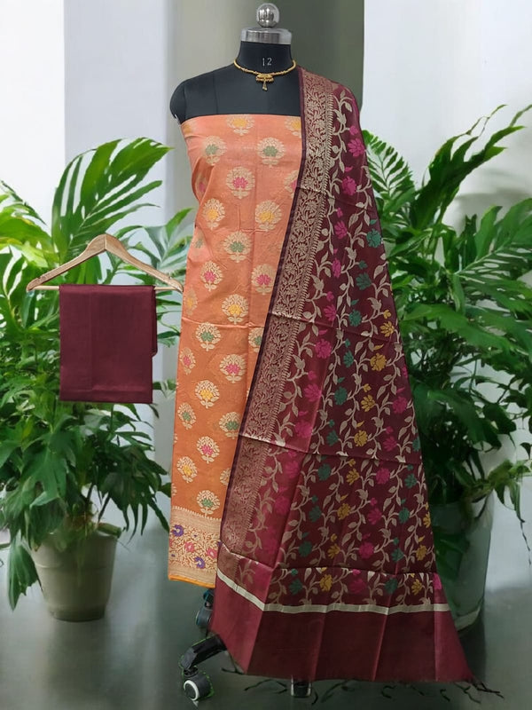 Pure Banarasi Cotton Silk Alfi Unstitched Salwar Suit - Leheriya