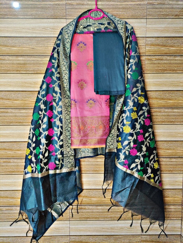 Pure Banarasi Cotton Silk Alfi Unstitched Salwar Suit - Leheriya