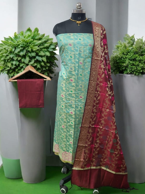 Pure Banarasi Cotton Silk Alfi Unstitched Salwar Suit - Leheriya