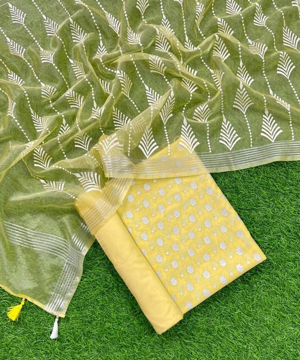 Pure Banarasi Cotton Silk Zari Booti Salwar Suit with Embroidery Organza Dupatta - Leheriya