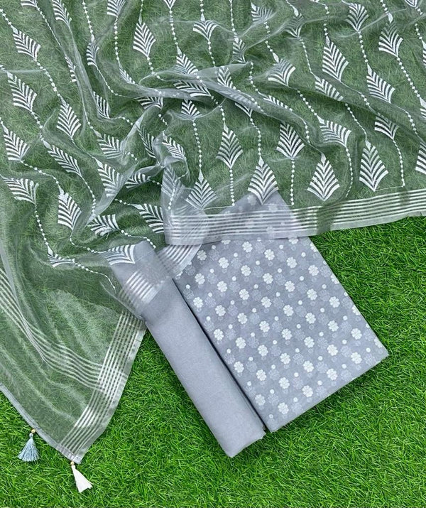 Pure Banarasi Cotton Silk Zari Booti Salwar Suit with Embroidery Organza Dupatta - Leheriya