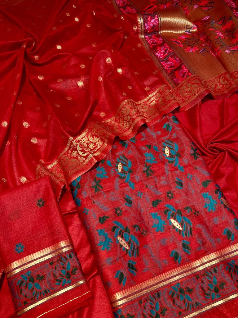 Pure Banarasi Jamdani Tilfi Premium Quality Unstitched Salwar Suit All Over Jacquard Weaving - Leheriya