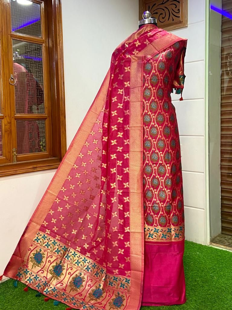 Pure Banarasi Jamdani Tilfi Premium Quality Unstitched Salwar Suit All Over Jacquard Weaving - Leheriya