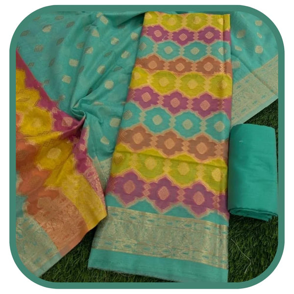 Pure Banarasi Jamdani Tilfi Premium Quality Unstitched Salwar Suit All Over Jacquard Weaving - Leheriya
