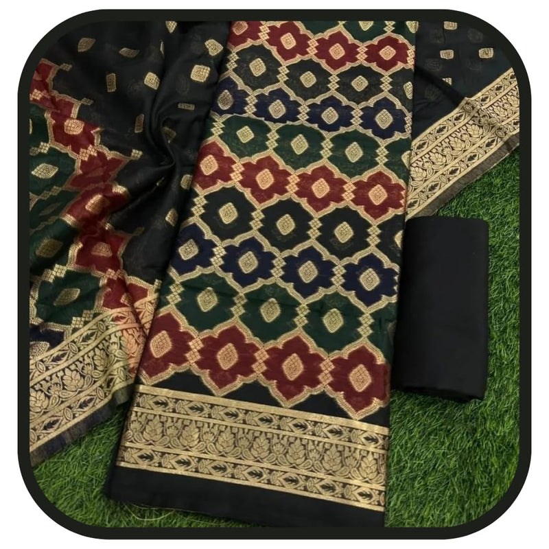 Pure Banarasi Jamdani Tilfi Premium Quality Unstitched Salwar Suit All Over Jacquard Weaving - Leheriya