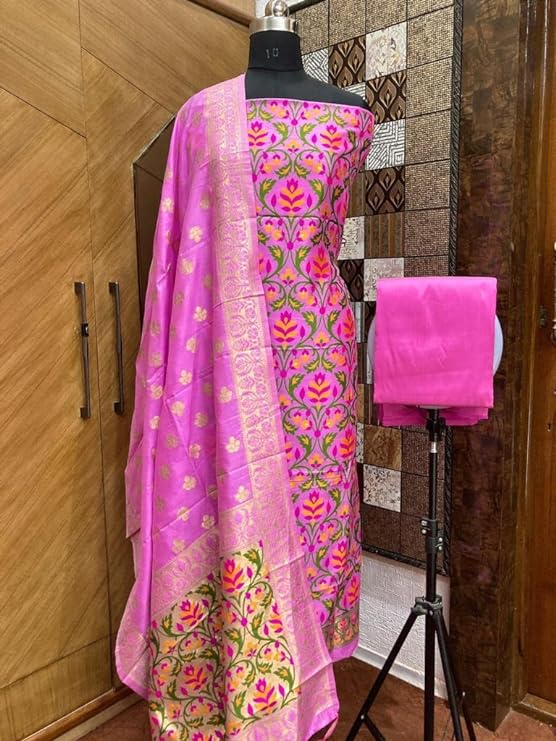Pure Banarasi Jamdani Tilfi Premium Quality Unstitched Salwar Suit All Over Jacquard Weaving - Leheriya