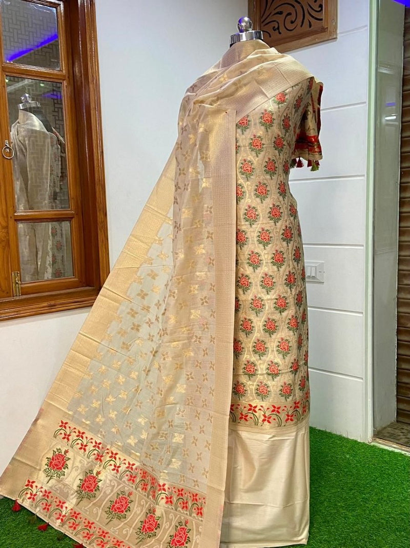 Pure Banarasi Jamdani Tilfi Premium Quality Unstitched Salwar Suit All Over Jacquard Weaving - Leheriya