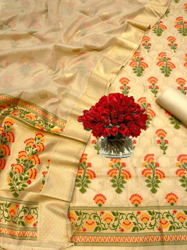 Pure Banarasi Jamdani Tilfi Premium Quality Unstitched Salwar Suit All Over Jacquard Weaving - Leheriya
