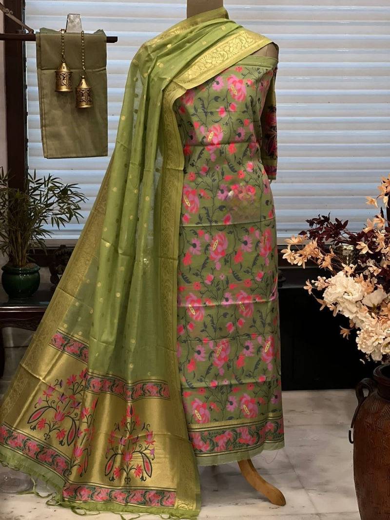 Pure Banarasi Jamdani Tilfi Premium Quality Unstitched Salwar Suit All Over Jacquard Weaving - Leheriya