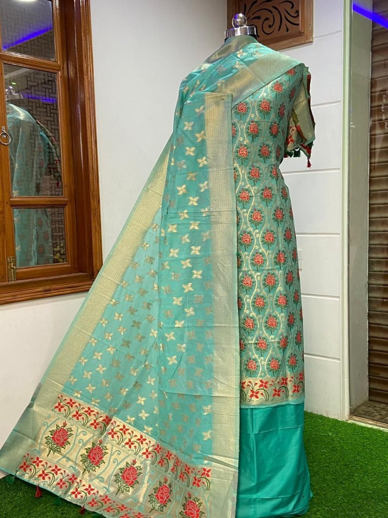 Pure Banarasi Jamdani Tilfi Premium Quality Unstitched Salwar Suit All Over Jacquard Weaving - Leheriya