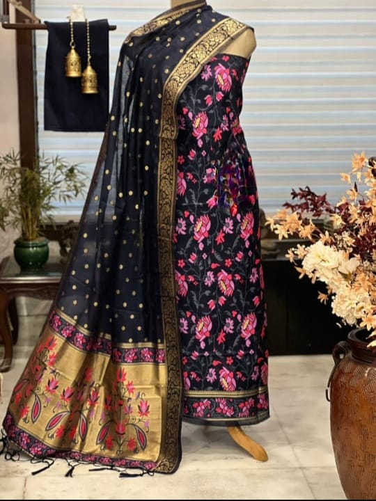Pure Banarasi Jamdani Tilfi Premium Quality Unstitched Salwar Suit All Over Jacquard Weaving | Black | - Leheriya