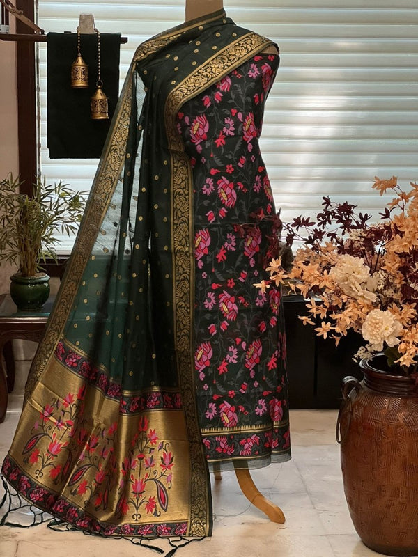 Pure Banarasi Jamdani Tilfi Premium Quality Unstitched Salwar Suit All Over Jacquard Weaving | Dark Green | - Leheriya