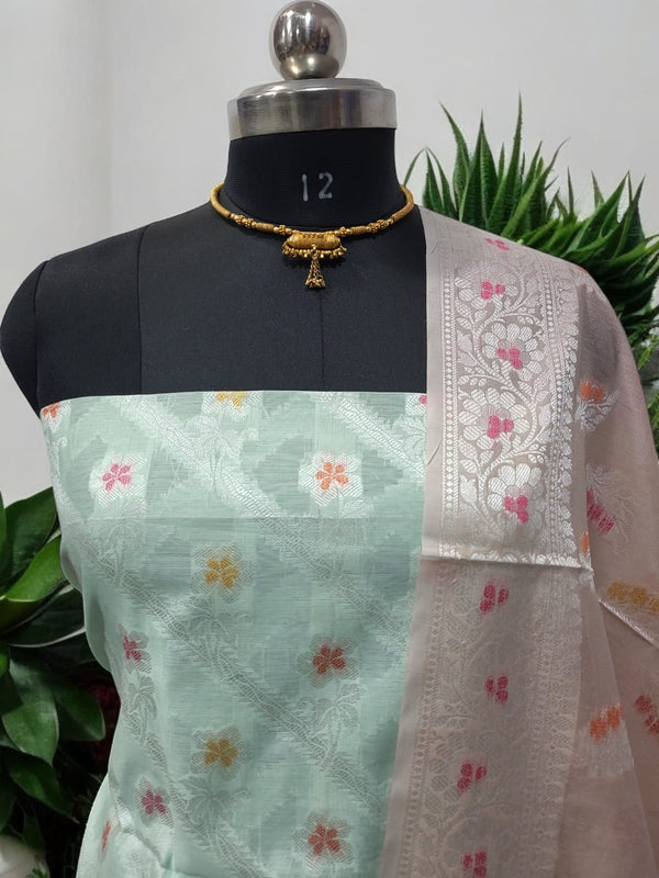 Pure Banarasi Mercerized Cotton Zari Weaved Unstitched Salwar Suit - Leheriya