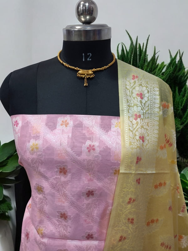 Pure Banarasi Mercerized Cotton Zari Weaved Unstitched Salwar Suit - Leheriya