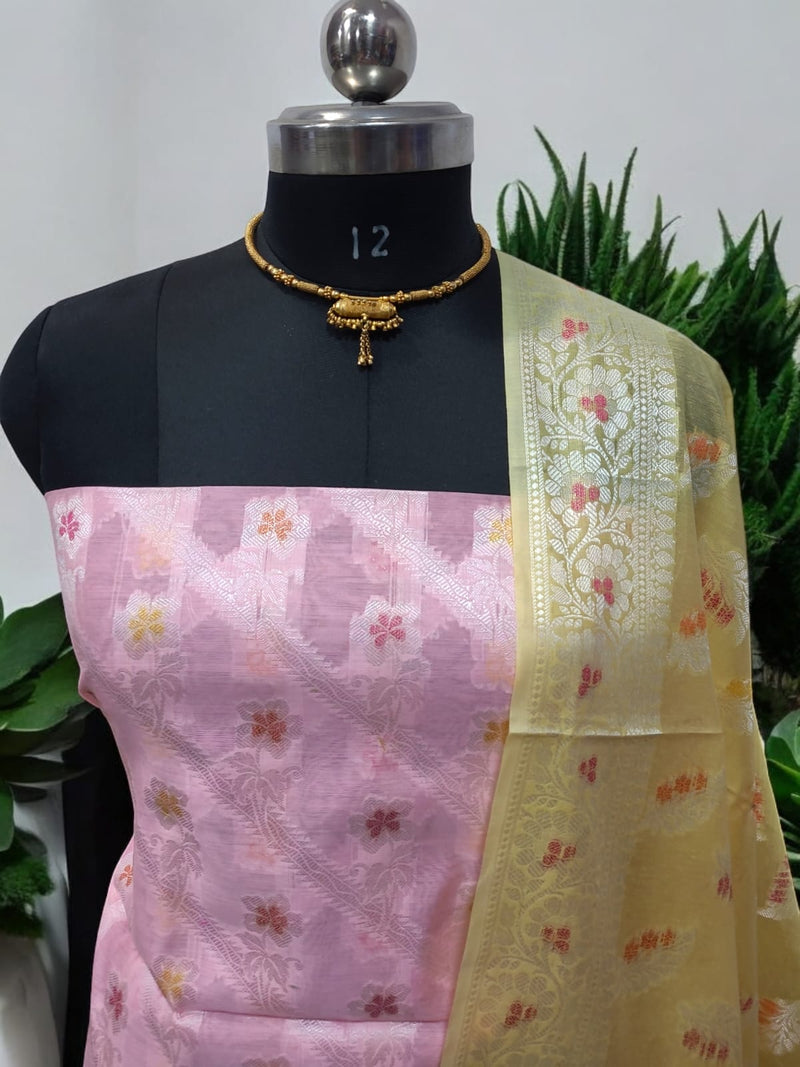 Pure Banarasi Mercerized Cotton Zari Weaved Unstitched Salwar Suit - Leheriya