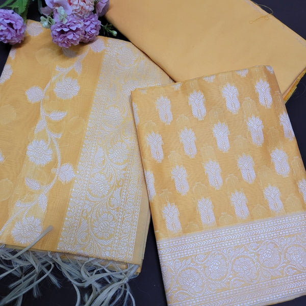 Pure Banarasi Mercerized Cotton Zari Weaved Unstitched Salwar Suit - Leheriya