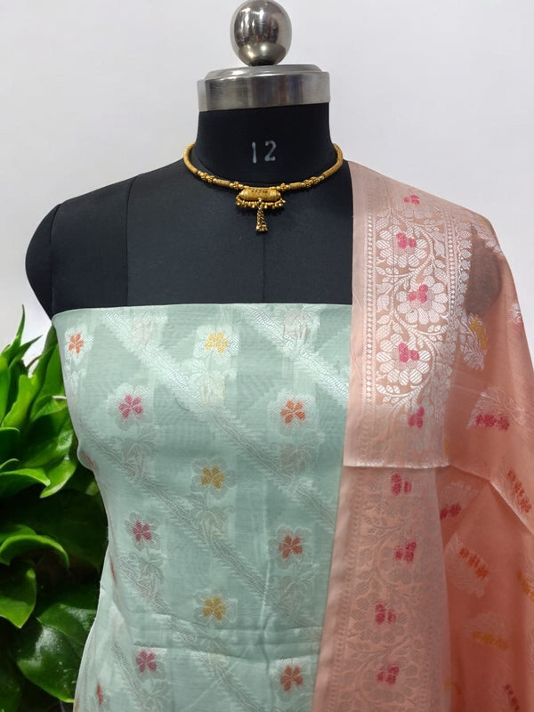 Pure Banarasi Mercerized Cotton Zari Weaved Unstitched Salwar Suit - Leheriya