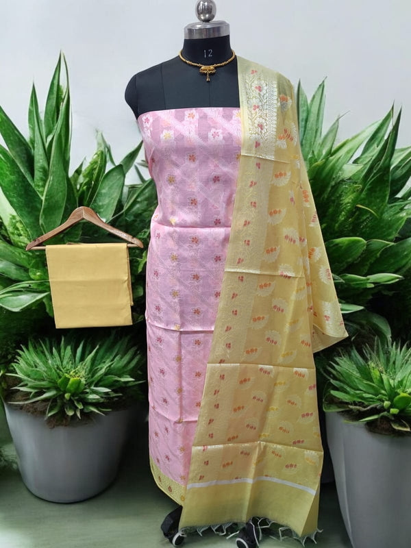 Pure Banarasi Mercerized Cotton Zari Weaved Unstitched Salwar Suit - Leheriya
