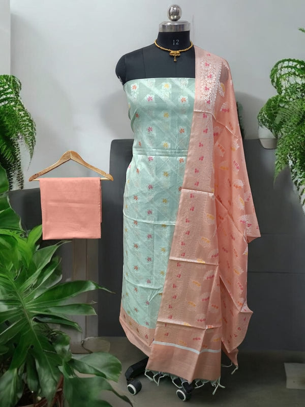 Pure Banarasi Mercerized Cotton Zari Weaved Unstitched Salwar Suit - Leheriya