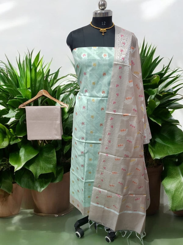 Pure Banarasi Mercerized Cotton Zari Weaved Unstitched Salwar Suit - Leheriya
