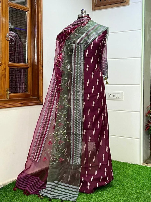 Pure Banarasi Organza Premium Quality Unstitched Salwar Suit - Leheriya