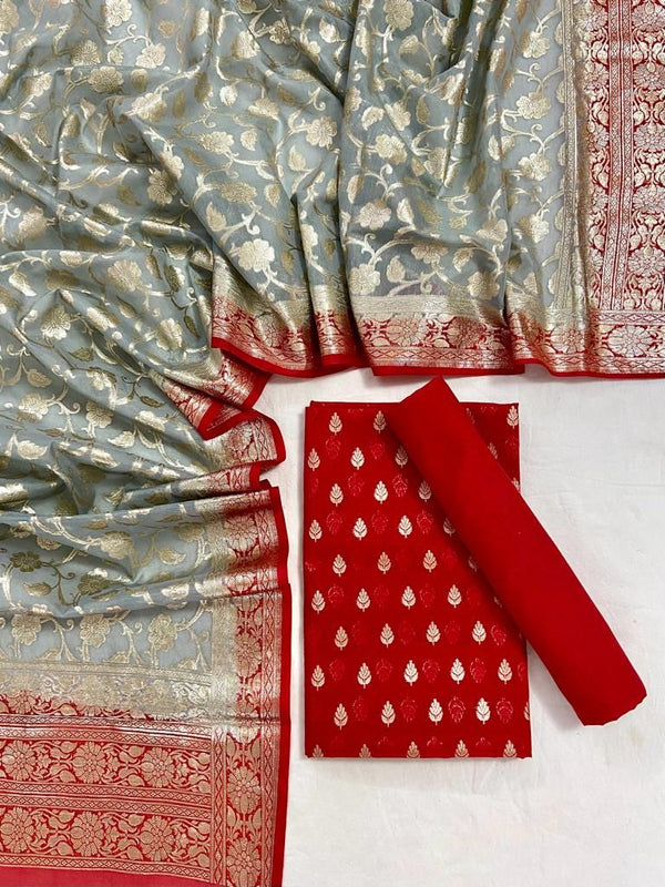 Pure Banarasi Silk Zari Woven Unstitched Suit With Lorex Woven Dupatta - Leheriya