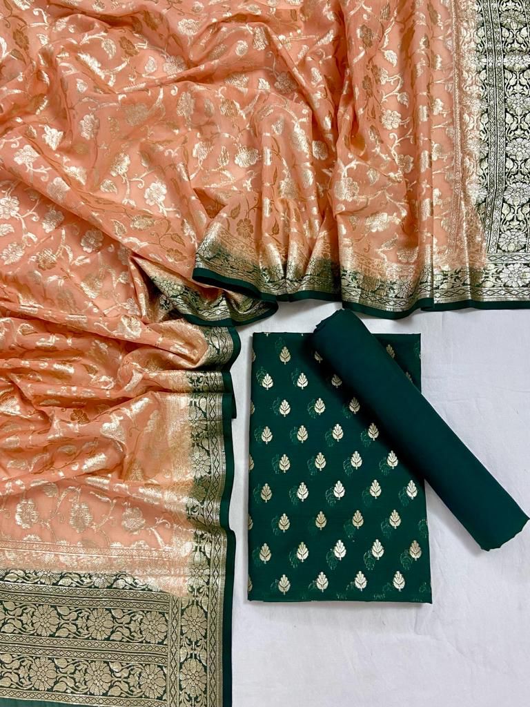 Pure Banarasi Silk Zari Woven Unstitched Suit With Lorex Woven Dupatta - Leheriya