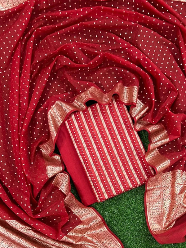 Pure Banarasi Silk Zari Woven Unstitched Suit With Lorex Woven Dupatta - Leheriya