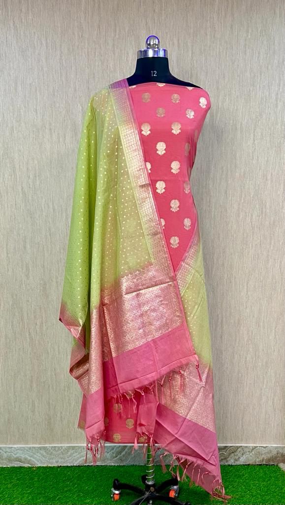 Pure Banarasi Silk Zari Woven Unstitched Suit With Lorex Woven Dupatta - Leheriya