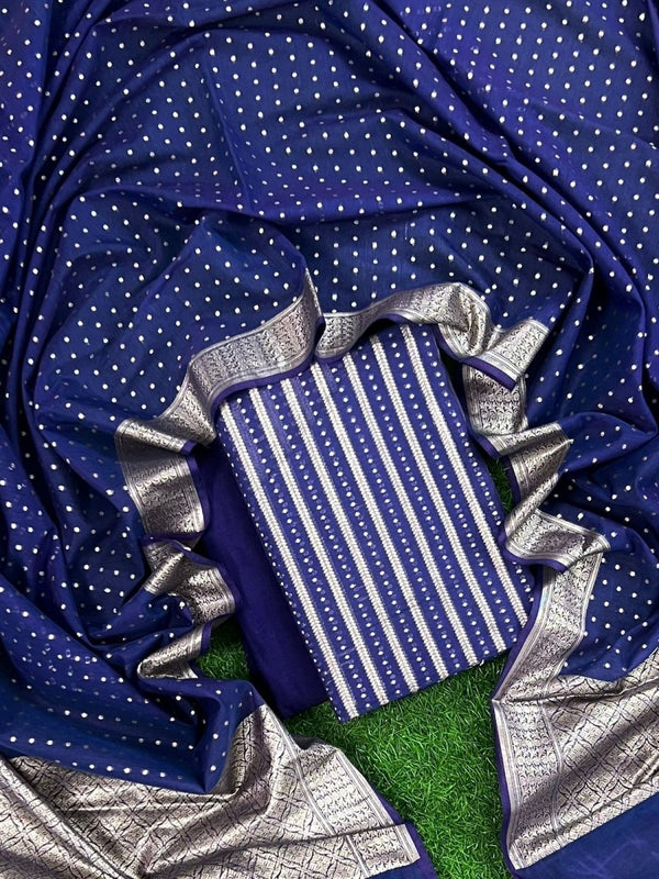 Pure Banarasi Silk Zari Woven Unstitched Suit With Lorex Woven Dupatta - Leheriya