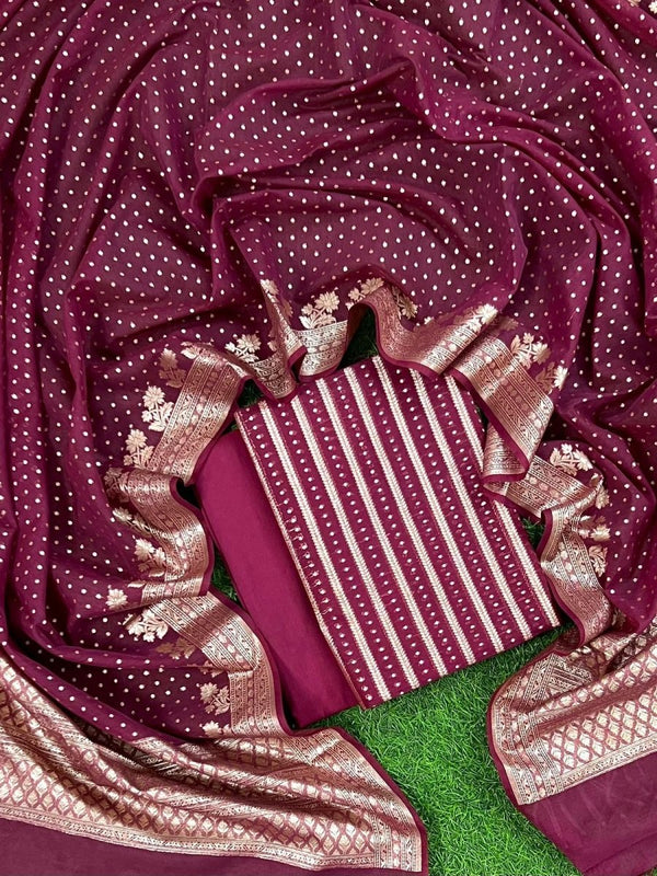 Pure Banarasi Silk Zari Woven Unstitched Suit With Lorex Woven Dupatta - Leheriya