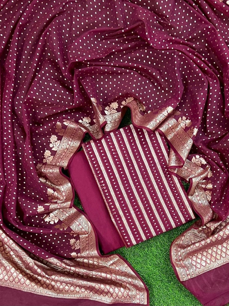 Pure Banarasi Silk Zari Woven Unstitched Suit With Lorex Woven Dupatta - Leheriya