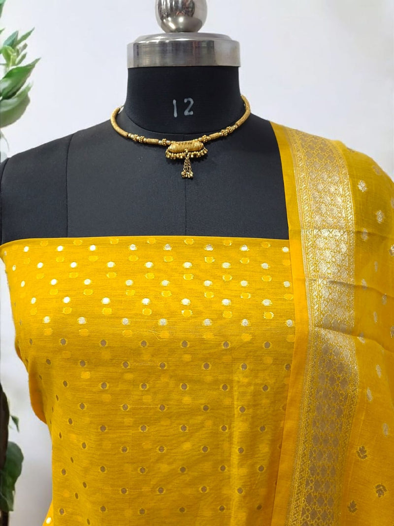 Pure Banarasi Silk Zari Woven Unstitched Suit With Lorex Woven Dupatta - Leheriya