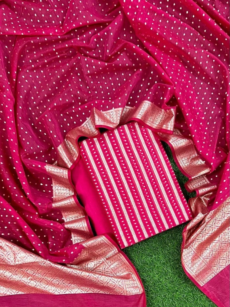 Pure Banarasi Silk Zari Woven Unstitched Suit With Lorex Woven Dupatta - Leheriya