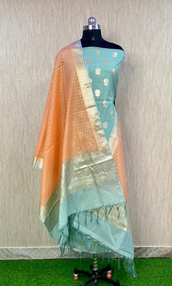 Pure Banarasi Silk Zari Woven Unstitched Suit With Lorex Woven Dupatta - Leheriya