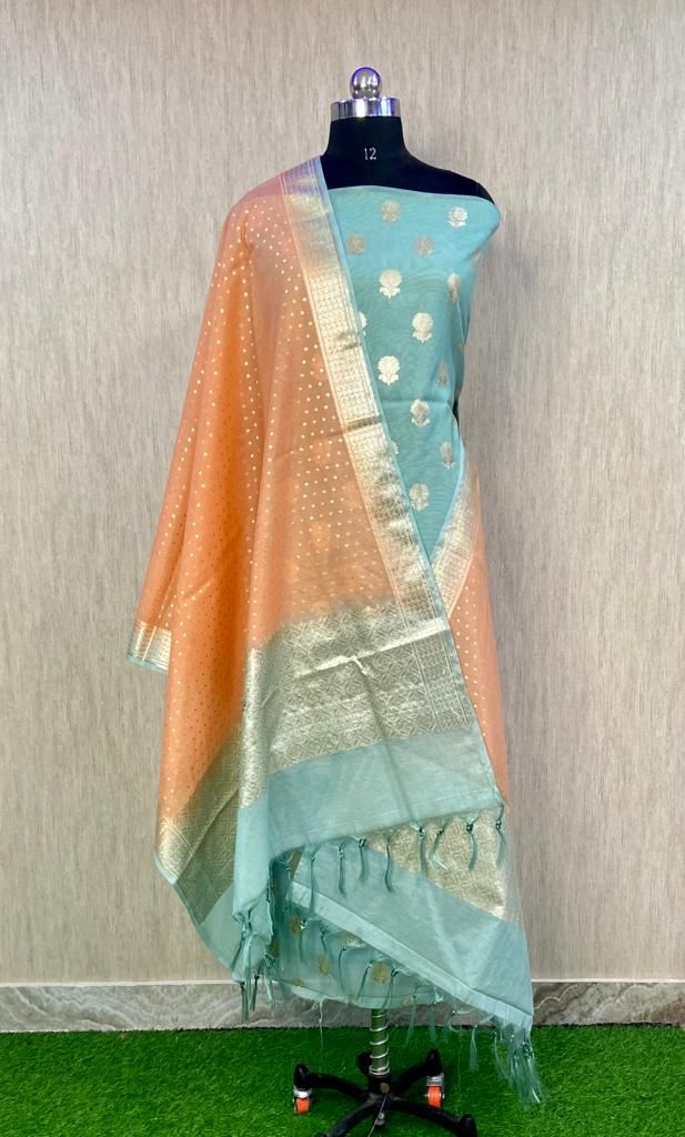 Pure Banarasi Silk Zari Woven Unstitched Suit With Lorex Woven Dupatta - Leheriya