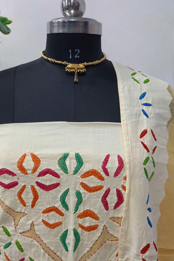 Pure Cotton Applique Work 3 pc Salwar Suit with Suzani Hand Embroidery - Leheriya