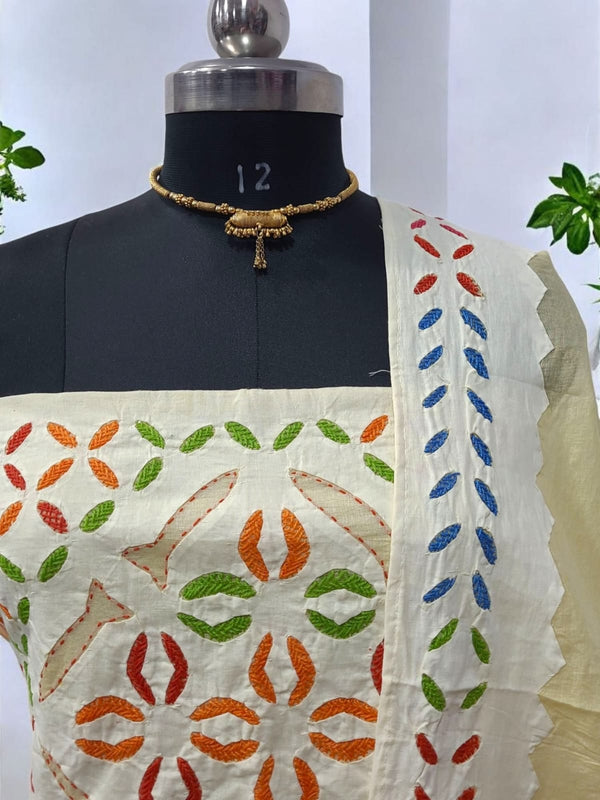 Pure Cotton Applique Work 3 pc Salwar Suit with Suzani Hand Embroidery - Leheriya