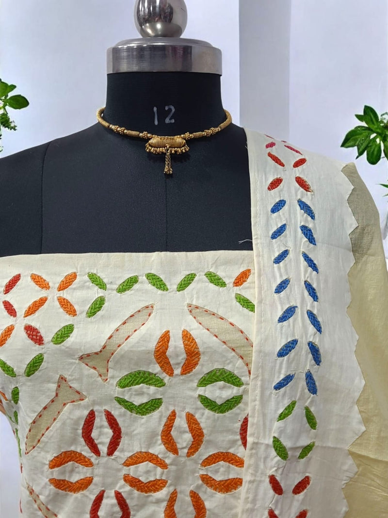 Pure Cotton Applique Work 3 pc Salwar Suit with Suzani Hand Embroidery - Leheriya