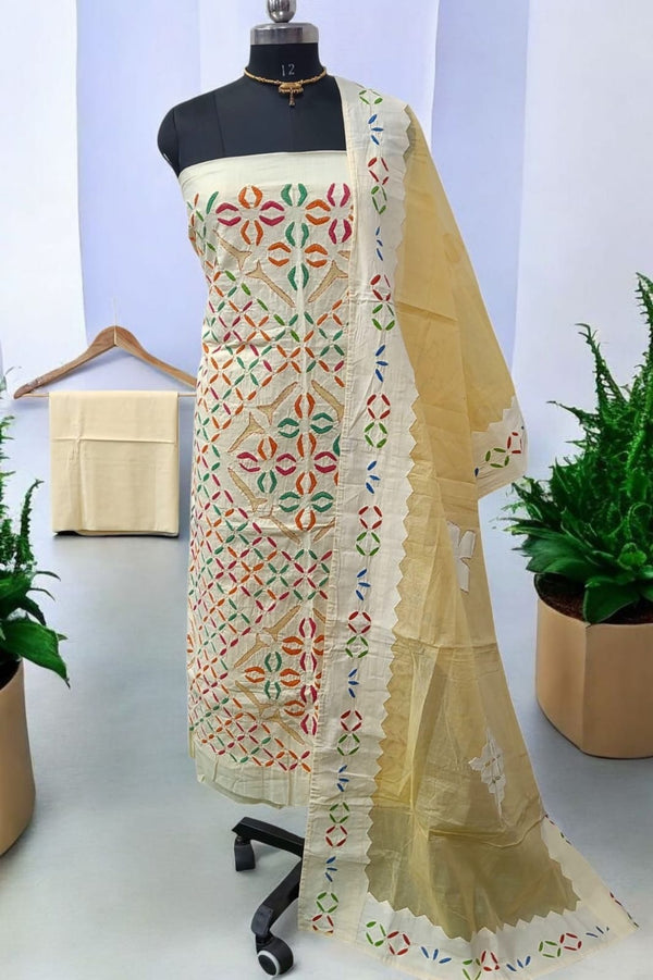 Pure Cotton Applique Work 3 pc Salwar Suit with Suzani Hand Embroidery - Leheriya
