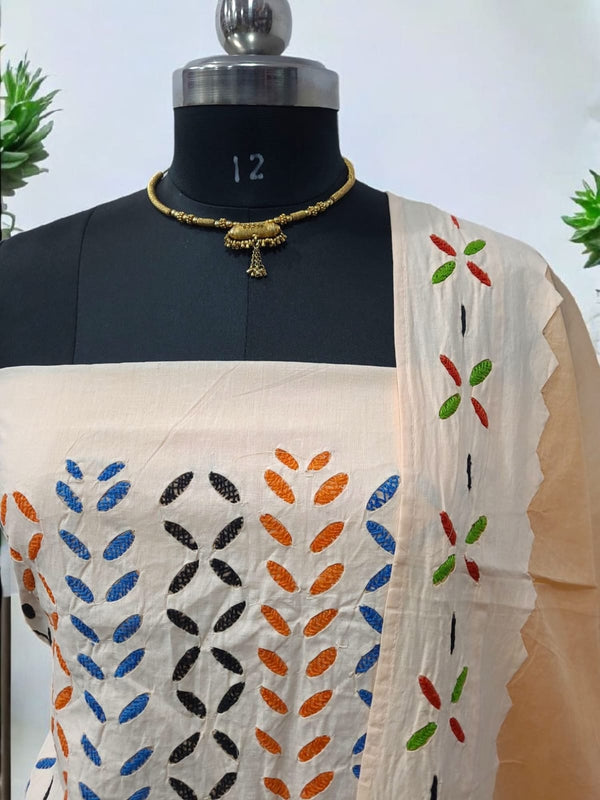 Pure Cotton Applique Work 3 pc Salwar Suit with Suzani Hand Embroidery - Leheriya