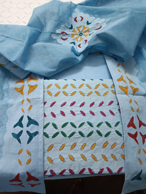 Pure Cotton Applique Work 3 pc Salwar Suit with Suzani Hand Embroidery - Leheriya